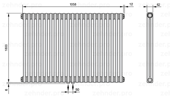 Схема (чертеж) Радиатор Zehnder Charleston 2180/23 №3470 Белый глянцевый RAL 9016